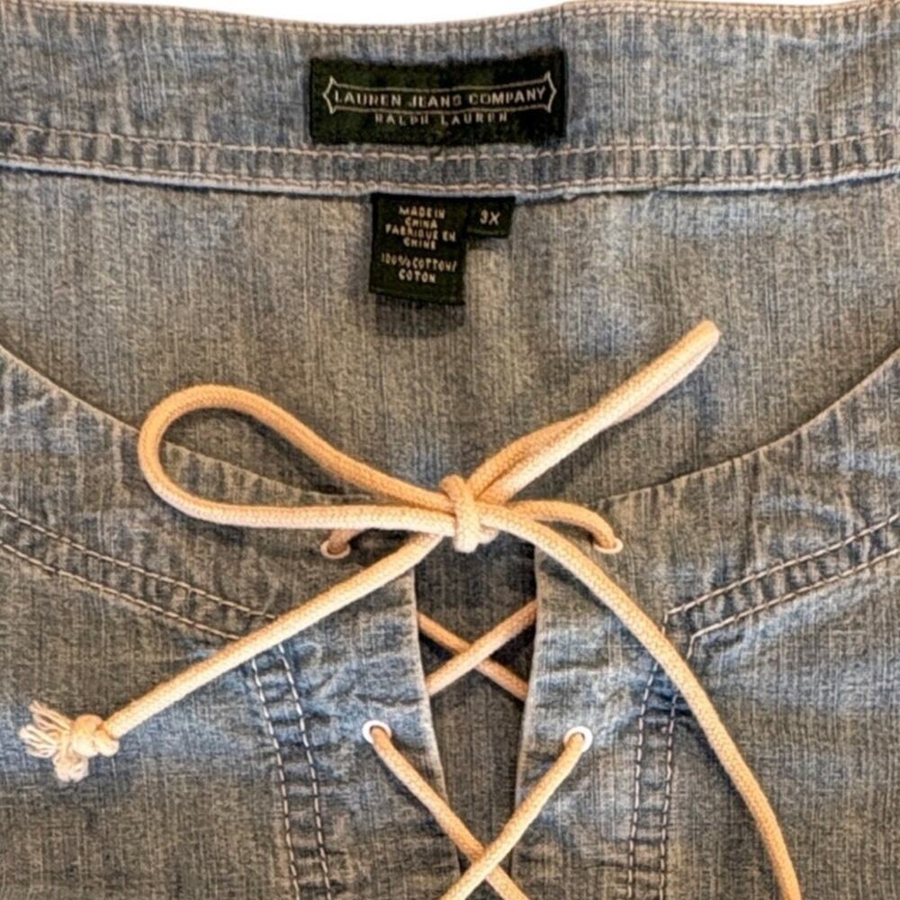 Lauren Jeans Company Denim Tunic Top 3/4 Sleeve w/ Button Tabs, Lace Up Women 1X